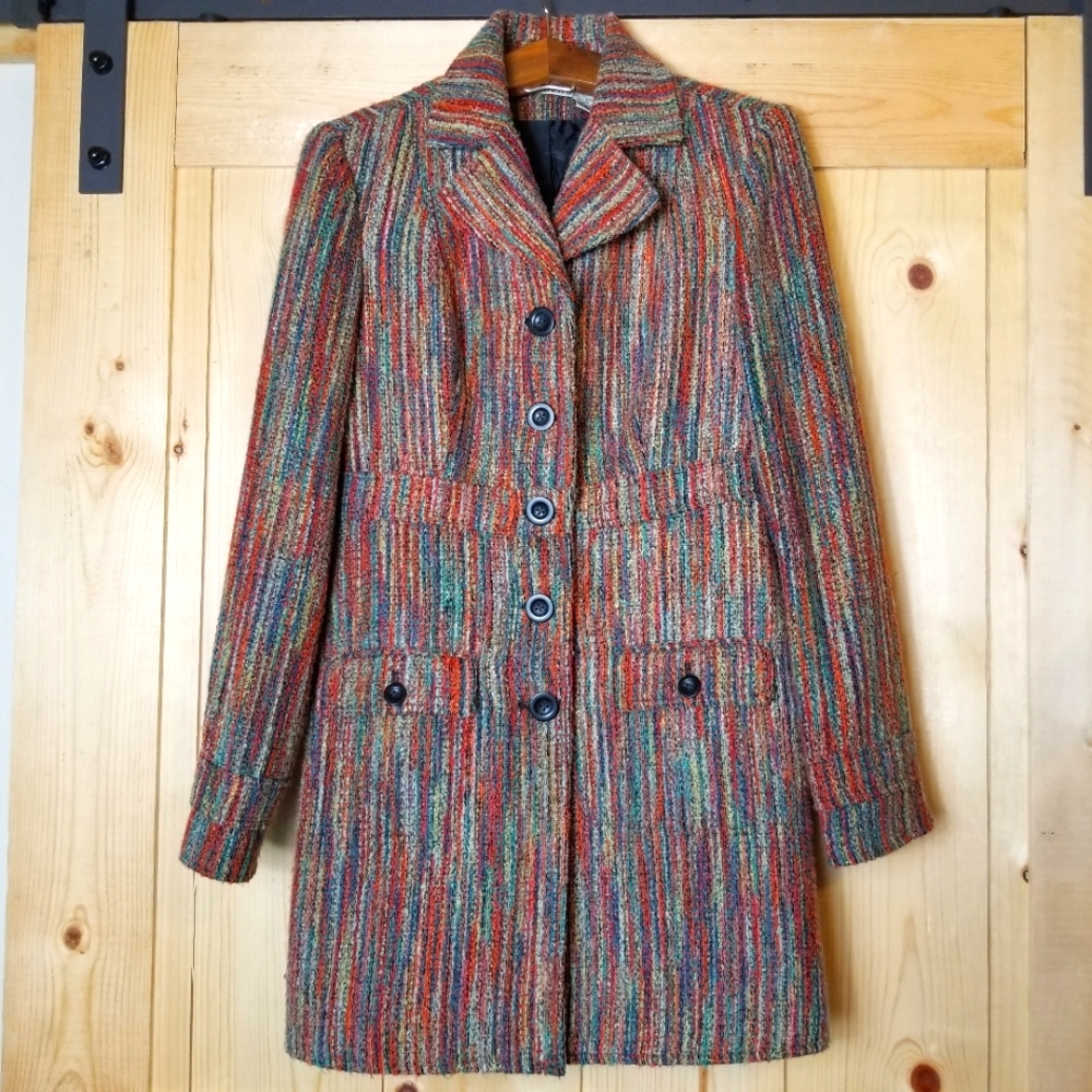 Vintage Putumayo Wool Blend Multi Color Button Up Tailored Style Lined Pea Coat